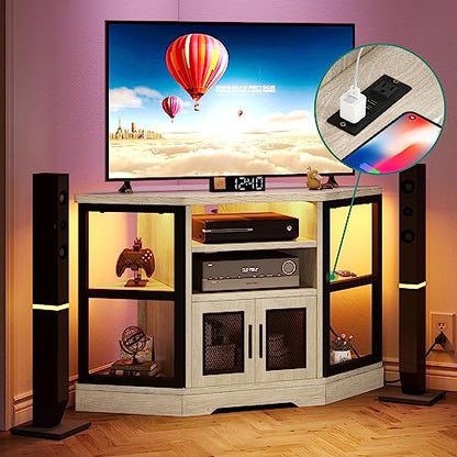 YITAHOME RGB LED Corner TV Stand for TVs up to 55/50 Inch with Power Outlet, Modern Farmhouse Entertainment Center, Wood TV Media Console with Storage Shelves for Living Room, White Oak - WoodArtSupply