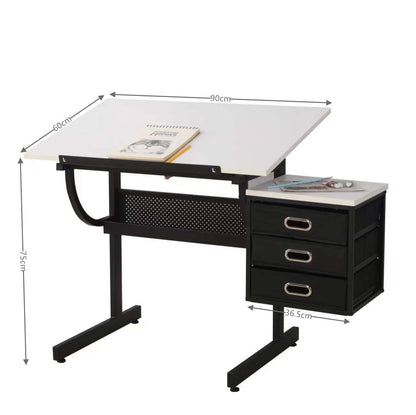 LOPOO Adjustable Large Desktop-Modern Metal Drawing Desk 0-75° Tiltable Tabletop Artist Storage for Reading, Writing, Crafting, Painting Art, Drafting Table with Stool and 3 Slide Drawers, Wh - WoodArtSupply