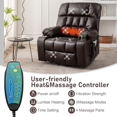 RHHVVR Oversized Power Recliner Chair for Big and Tall 400 LBS, 25.5" Extra Wide Electric Lift Chair with Heat and Massage, Dual Motor 180° Lay Flat Recliner Living Room Sofa, PU Leather Big Recliner