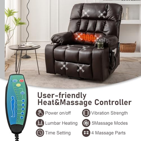 RHHVVR Oversized Power Recliner Chair for Big and Tall 400 LBS, 25.5" Extra Wide Electric Lift Chair with Heat and Massage, Dual Motor 180° Lay Flat Recliner Living Room Sofa, PU Leather Big Recliner RHHVVR