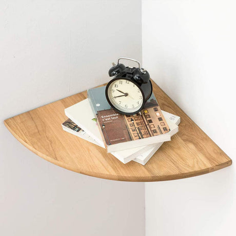 Corner Shelf,16inch Solid Oak Wood Floating Corner Shelf Wall Mount Round End Floating Speaker Shelf with Wire Hole Display Shelf for Small Plant Conamily