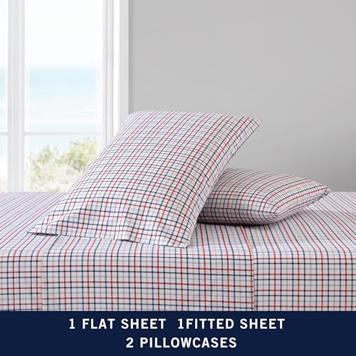 Nautica - Twin Sheet Set, Cotton Percale Bedding Set, Crisp & Cool, Lightweight & Breathable (Boating Tattersall Red, Twin) Nautica