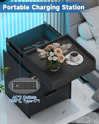 Baoz Nightstand with Gun Drawer, Charging Night Stand with USB and AC Ports, LED Nightstand, NightStands with Gun Drawer, Smart Night Stand with Sliding Top Storage Baoz
