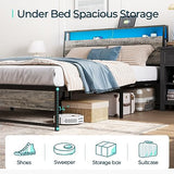 LINSY Full Bed Frame with Storage, Ergonomic Headboard, 14 inch Fast Assembly Metal Bed with Lights, Outlets & USB, Full Size, Noise Free, No Box Spring Needed, Greige LINSY