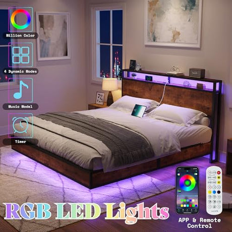 AMERLIFE King Size Floating Bed Frame with 2-Tier Storage Headboard, Metal Bed Frame with Charging Station & LED Lights, No Box Spring Needed, Rustic Brown AMERLIFE