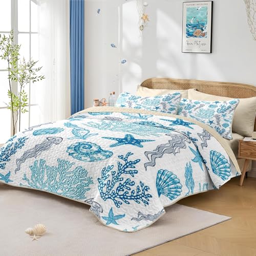 Pamnest Quilt Set Twin Size, Ocean Beach Nature 2 Pcs Soft Bed Cover Bedding Set, Sea Animal Coastal Lightweight Bedspread Coverlet with Pillow Sham for All Season Pamnest