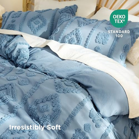 Bedsure Boho Duvet Cover King - Dusty Blue Tufted Boho Bedding, Farmhouse Shabby Chic Embroidery Bedding for All Seasons, 3 Pieces, 1 Soft Jacquard King Comforter Cover and 2 Pillow Shams Bedsure
