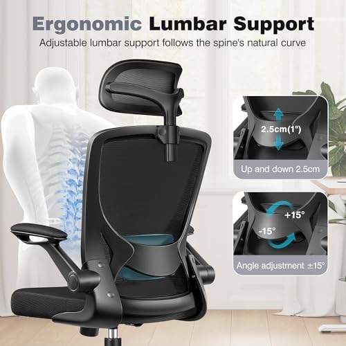 BESTFAIR Ergonomic Office Desk Chair Comfy, High Back Mesh Office Desk Chairs with Adjustable Lumbar Support, Headrest, Flip-up Armrests, Home Computer Chair for Gaming, Work, Black BESTFAIR