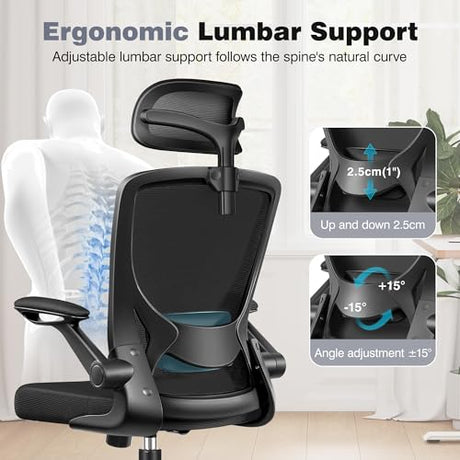 BESTFAIR Ergonomic Office Desk Chair Comfy, High Back Mesh Office Desk Chairs with Adjustable Lumbar Support, Headrest, Flip-up Armrests, Home Computer Chair for Gaming, Work, Black BESTFAIR