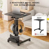 BONTEC Rolling Standing Desk, Tilting Desktop, Foot Pedal Height Adjustable, Small Mobile Portable Laptop Computer Workstation for Teacher Home Office with Storage Shelf, 2 Hooks, Wheels, Black BONTEC