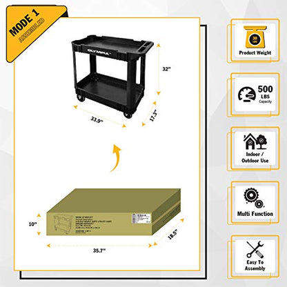 Olympia Tools 2 Shelf Black Rolling Utility Cart - Supports Up to 500 lbs, Comfort Handle - Heavy Duty Carts With Wheels - Great for Warehouse, - WoodArtSupply