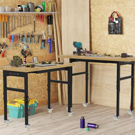 60'' Adjustable Workbench, Solid Wood Work Bench Table with Wheels and Power Outlet, Rolling Workbench Large Load Capacity Garage Workbench for Workshop,Office,Home climblocka