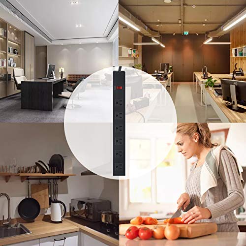 Metal Wall Mount Power Strip, Mountable Power Outlet with 6 AC Outlets, Aluminum Alloy Mount Power Socket with Switch, 6 FT SJT 3/C 14AWG Power Cord, 15A 125V 1875W (6AC) Black HHSOET