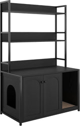 FinerFurnis Litter Box Enclosure with 2 Storage Shelves Black Hidden Cat Litter Box Furniture with Scratch Pad Indoor Cat House Kitty Box Washroom Cat Bookshelf Cabinet-Black FinerFurnis