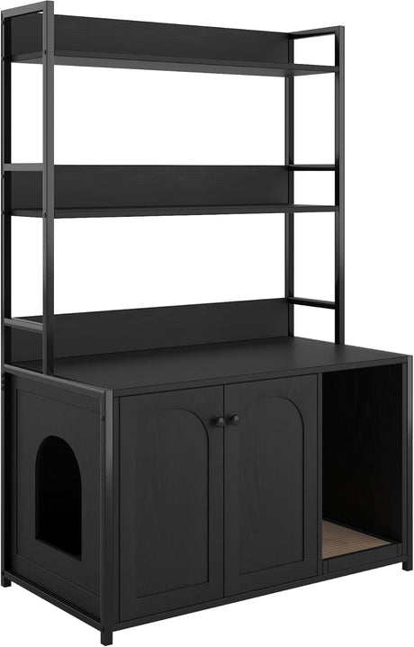 FinerFurnis Litter Box Enclosure with 2 Storage Shelves Black Hidden Cat Litter Box Furniture with Scratch Pad Indoor Cat House Kitty Box Washroom Cat Bookshelf Cabinet-Black FinerFurnis