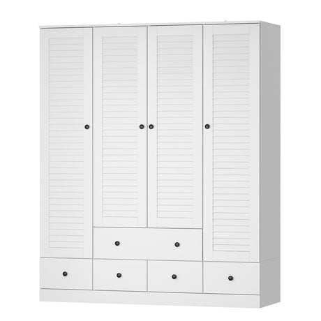 AGOTENI Armoire Wardrobe Closet with 4 Shutter Doors & 2 Hanging Rods, Wood Clothing Storage Cabinet with 5 Drawers & Shelves for Bedroom, White, 19.1" D x 59.1" W x 70.5" H AGOTENI