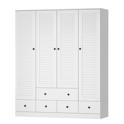 AGOTENI Armoire Wardrobe Closet with 4 Shutter Doors & 2 Hanging Rods, Wood Clothing Storage Cabinet with 5 Drawers & Shelves for Bedroom, White, 19.1" D x 59.1" W x 70.5" H