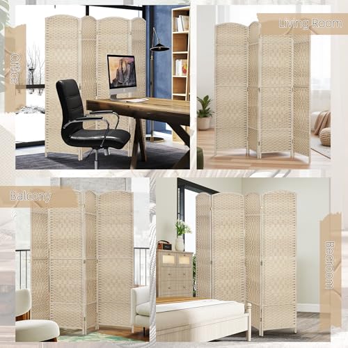 HOMCOM 4 Panel Room Divider, 6' Tall Folding Privacy Screen, Woven Freestanding Wall Partition for Home Office, Bedroom, Washed Oak HOMCOM