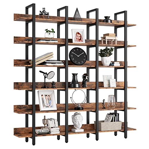 Spacious Vintage Brown 6-Tier Bookcase with Back Fence by IRONCK - WoodArtSupply