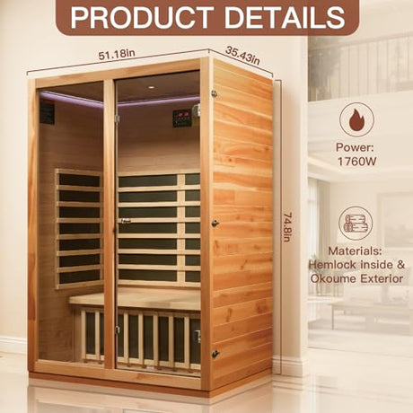 INFRADELUX Infrared Home Sauna for 2-Person, Low-EMF 1760W Heaters & Chromotherapy LED Lights, Premium Wood Indoor Spa Room,51.18 x 35.43 x 74.8 Inch INFRADELUX