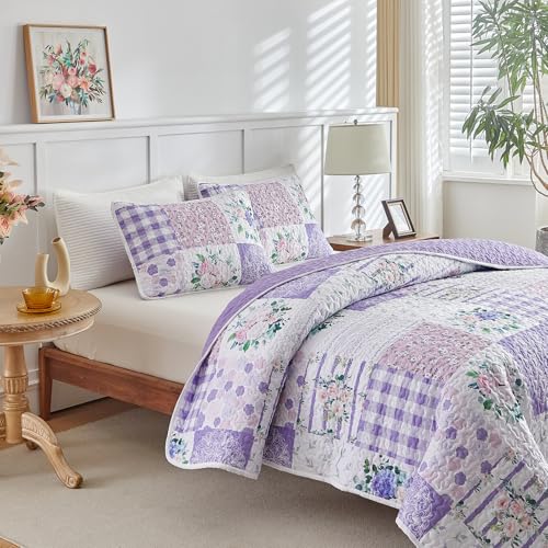 Joyreap 2 Pieces Floral Quilt Set Twin, Patchwork Purple n Pink Flowers Design, Smooth Soft Microfiber Quilt, Bedspread Bed Cover for All Season, 1 Quilt and 1 Pillow Sham- 68x86 inches Joyreap