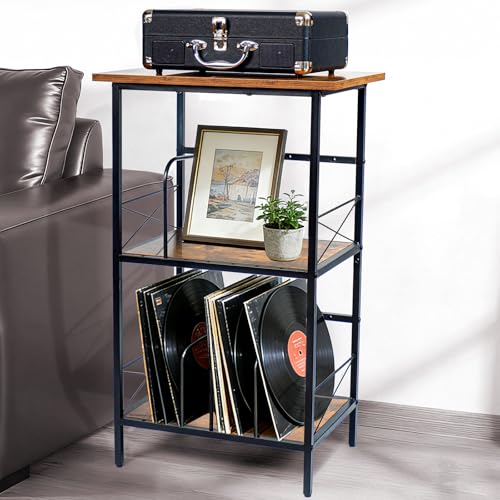 FiloxeniaOasis Record Player Stand with 4 Adjustable Dividers, Vinyl Record Storage Holds 200 LPs, 3 Layer End Table, Multi-Functional Record Player Table for Home, Rustic Brown FiloxeniaOasis