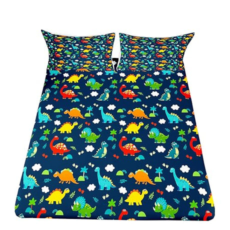 Dinosaur Fitted Sheet Queen Size Kids Bedding Set Cartoon Dinosaur Fitted Sheet For Boys Children Colorful Bedroom Decor Ancient Jungle Animals Bed Cover Tropical Hawaiian Palm Leaf Bed Set Blue Erosebridal