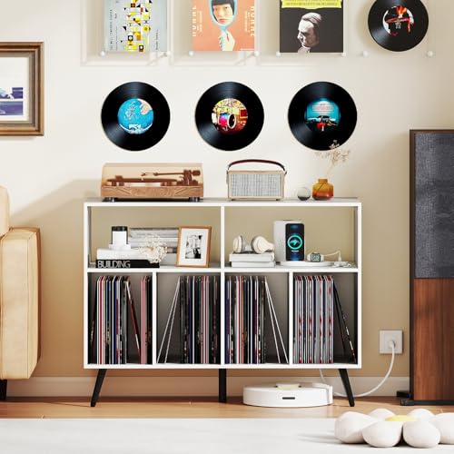 Giantex Large Record Player Stand with Charging Station, Turntable Stand Holds Up to 300 Albums, Record Player Table with Raised Leg, Vinyl Record Storage for Living Room (White) Giantex
