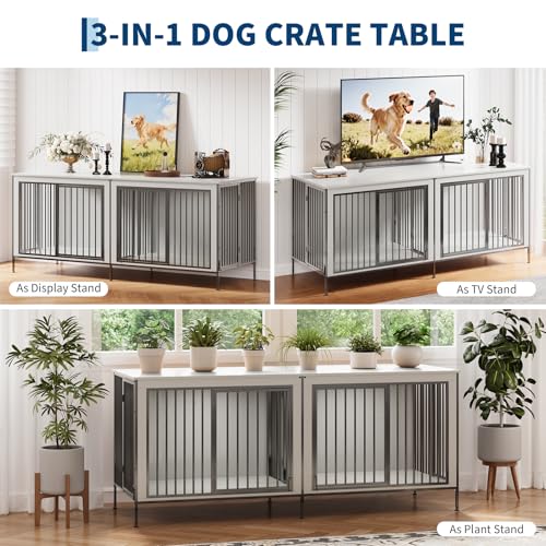 79‘’ Double Dog Crate Furniture, XL Dog Kennel Indoor, Heavy Duty Double Dog Crates for Medium/Large Dogs, Dog Kennel Furniture Indoor As TV Stand, Rustic White IDEALHOUSE