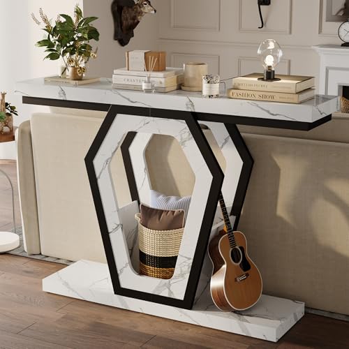 FUSUNBAO 47.3" Console Table,Openwork Bracket Sofa Table, Wood Narrow Entryway Table for Hallway, Behind The Couch, Living Room, Foyer, Easy Assembly（White Marble Texture） FUSUNBAO
