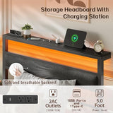 OURPIC Twin Bed Frames for Kids, Metal Platform Bed Frame Twin Size with Charging Station and LED Lights, Upholstered Headboard and Storage Shelf, No Box Spring Needed, Easy Assembly OURPIC