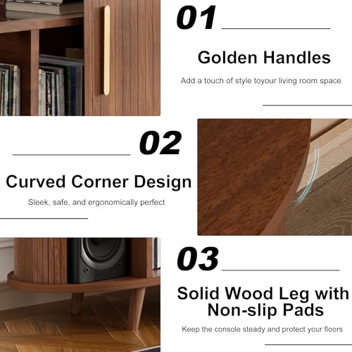 KSOBEBVT Record Player Stand with Vinyl Storage, Modern Media Cabinet with Charging Station & LED Lights, Sliding Door Turntable Stand, Audio-Visual Shelving Unit for Living Room KSOBEBVT