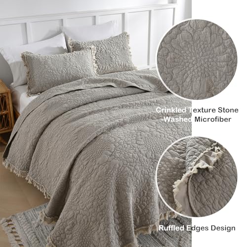 HORIMOTE HOME Beige Ruffled Quilt King Size, Stone-Washed Microfiber Lightweight Crinkled Farmhouse Rustic Shabby Chic Bedding Set, 3 Pieces Reversible Bedspread with Pillow Shams for All Season HORIMOTE HOME