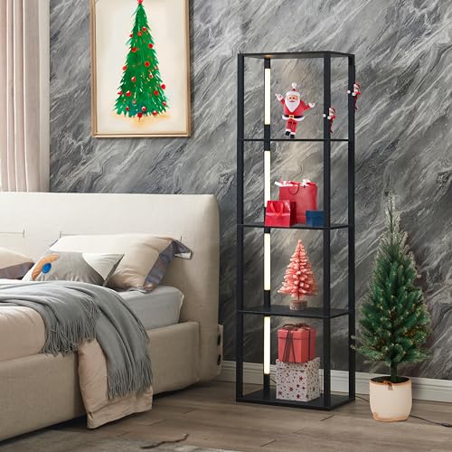 FENLO 64" Display Shelf with Dimmable LED Floor Lamps, Sturdy Display Cabinet with Shelves for Bedroom, Open Bookshelf Display Case with Corner Curio Cabinet, 3 Brightness Levels, Fancy Plus Black FENLO