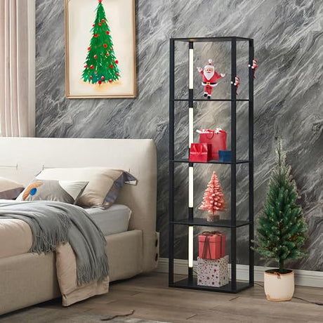 FENLO 64" Display Shelf with Dimmable LED Floor Lamps, Sturdy Display Cabinet with Shelves for Bedroom, Open Bookshelf Display Case with Corner Curio Cabinet, 3 Brightness Levels, Fancy Plus Black FENLO