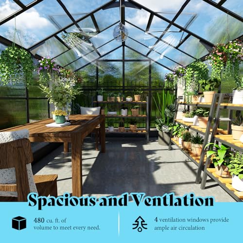 AMERLIFE 8x12x7FT Polycarbonate Greenhouse, Walk in Greenhouse with Quick-Connect System, Green House with 4 Vent Windows and Swing Lockable Door, Greenhouses for Outdoors, Sunroom Black