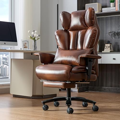 700lbs Big and Tall Office Chair with Footrest&Adjustable Lumbar Pillow,Large Heavy Duty Executive Office Chair-Wide Seat,Ergonomic High Back Computer Chairs for Heavy People,Dual Rubber Wheels,Brown BIGGARSIT