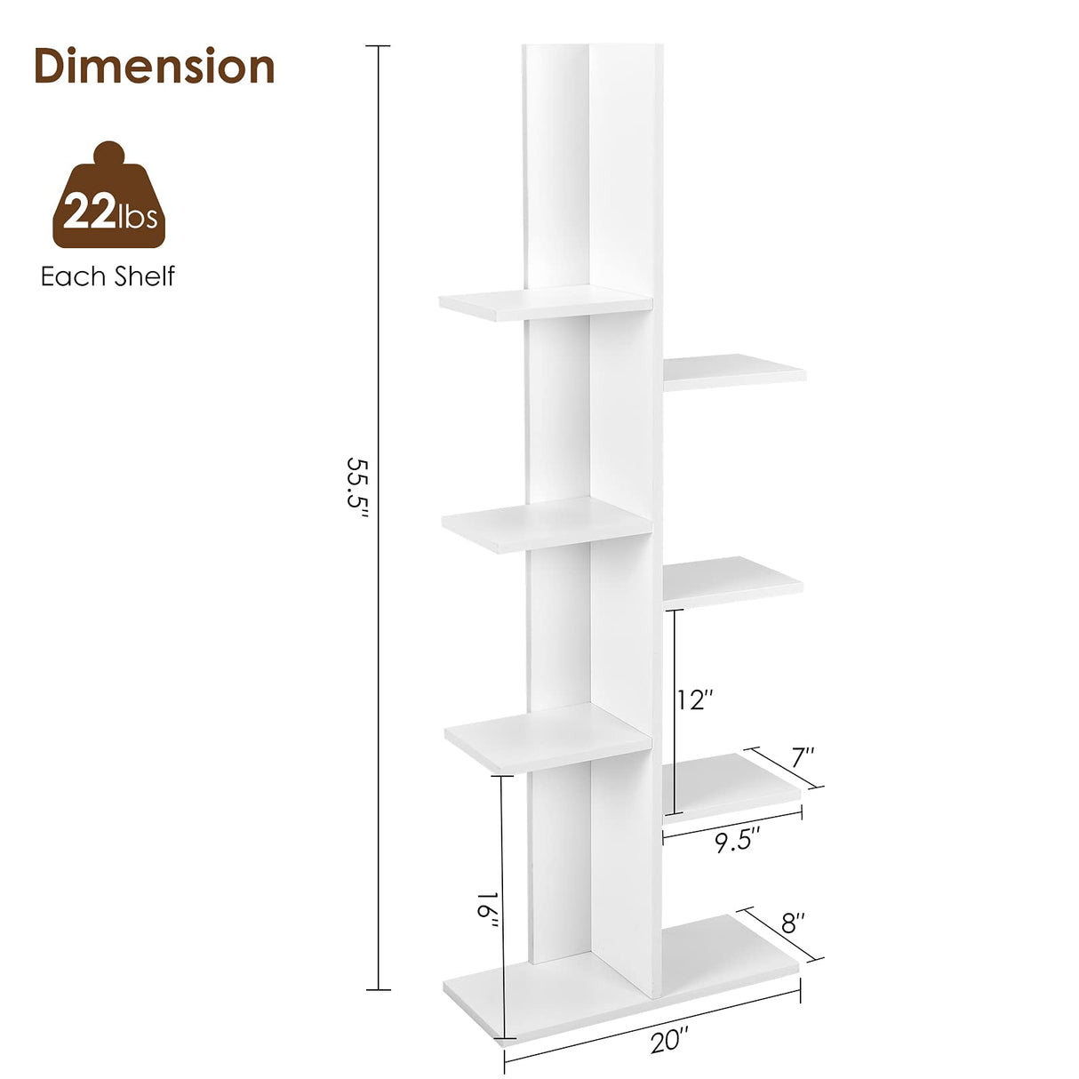 Giantex Tree Bookshelf, 7-Tier Tall Freestanding Wood Bookshelf with Anti-toppling, Modern Multipurpose Display Storage Rack Organizer Corner Shelf for Books, Photos, White Giantex