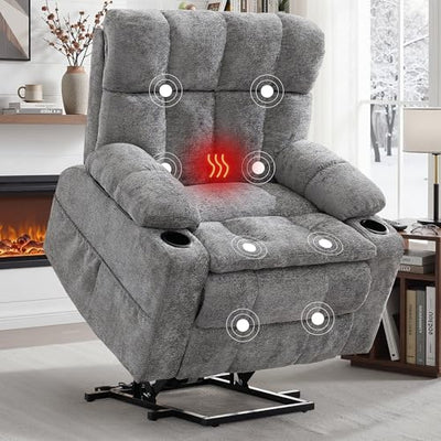 Korser Oversized Dual Motor Power Lift Recliner Chair for Elderly with Massage & Heat, Extra Wide Lift Chair with Adjustable Headrest, Electric Recliner with Storebox, Cupholder, USB, Type C, Grey