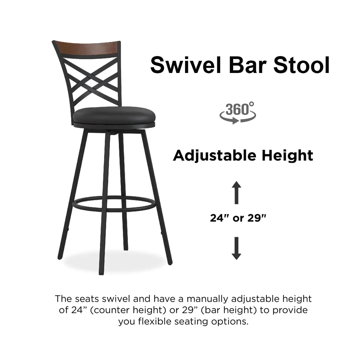 BOSHIRO Black Bar Stools Set of 2 - Rustic Wood & Metal Swivel Barstools with Curved Backrest, 360° Rotation, Adjustable Height Dining Chair for Living Room, Kitchen, Bar BOSHIRO