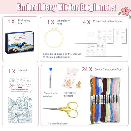 spicssa Beginner Embroidery Stitch Book Kit, Embroidery Kit for Beginners Adults with Video Tutorials, 79 Essential Embroidery Stitches Patterns, DIY Your Stitch Book, Ideal for Handmade Gift Giving spicssa