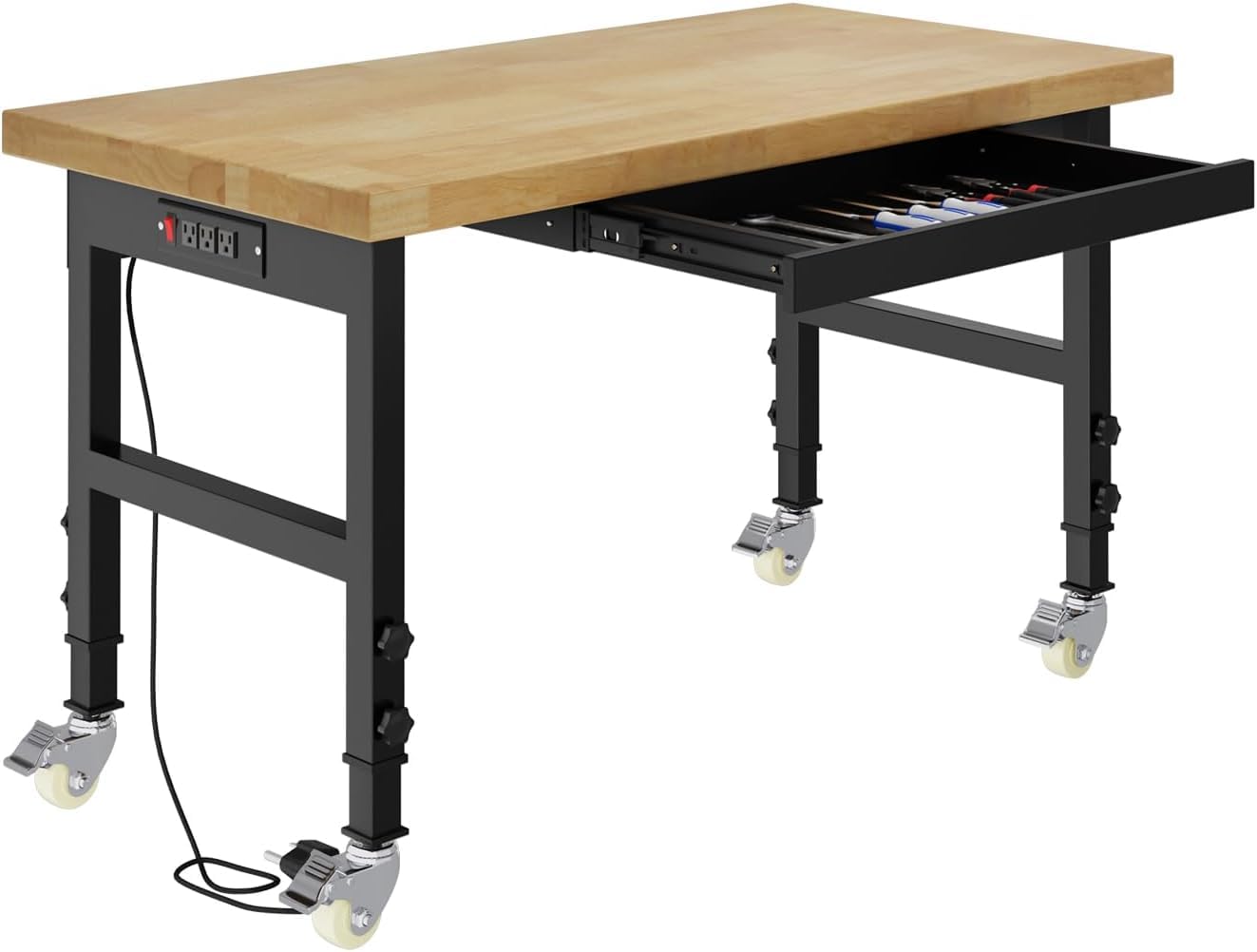 Pelnuies 48" Adjustable Height Work Bench with Wheels, Heavy-Duty Thick Wood Work Table with Power Outlets, 2000 LBS Capacity Workstation for Garage, Workshop, Office, Home