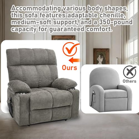 RHHVVR Oversized Recliner Electric Lift Chair, Power Lift Recliner for Big and Tall, 180° Lay-Flat and Assisted Standing, Extra Large Sofa with 8-Point Massage & Heating, Medium-Soft, Gray RHHVVR