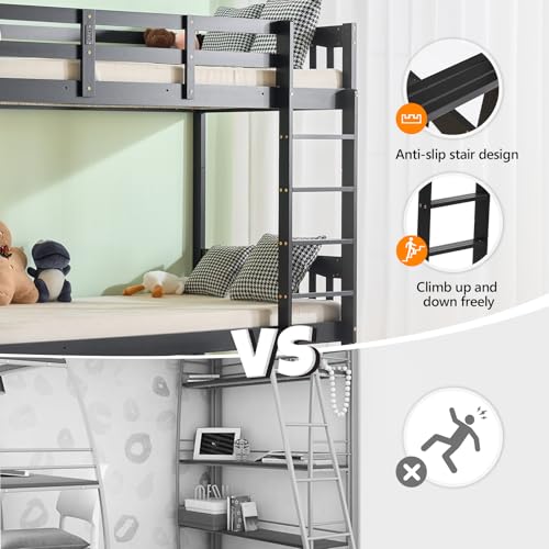 VINGLI Solid Wood Bunk Bed with Trundles,Twin Over Twin Bunkbed with RGB LED/Charging Station,Convertible Bunk Bed Frame with 15 inches High Safety Guardrail and Ladders for Kids,Black VINGLI