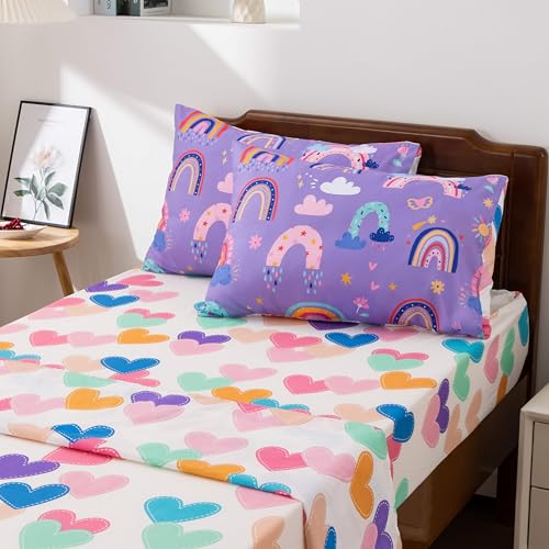 Btargot 5 Piece Dark Purple Rainbow Comforter Set for Girls Boys Kids, Twin Size Cartoon Love Hearts Flowers and Sun Star Bedding Set, Bed in a Bag with Comforter, Sheets and Pillowcases Btargot