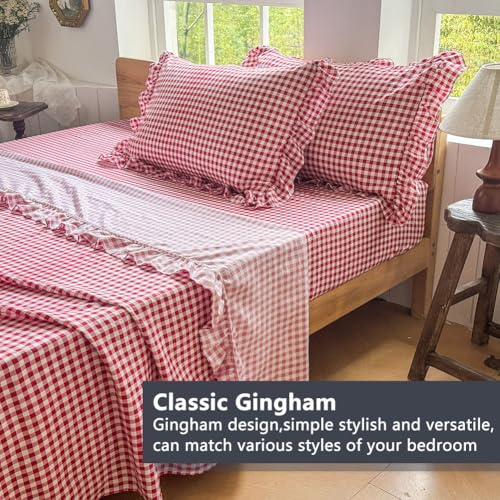 NSNLGSGC Red Gingham Ruffle King Sheet Set, Red Soft Pre-Washed Microfiber Plaid King Bed Sheets, 4-Pieces Farmhouse Sheet Set with Deep Pocket NSNLGSGC