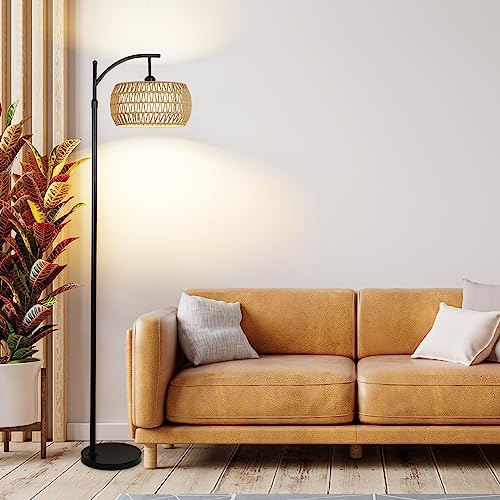 Arc Floor Lamp with Remote Control, Dimmable LED Floor Lamp with 3 Color Temperature, Black Standing Lamp with Rattan & Fabric Double Drum Shade, Boho Farmhouse Tall Pole Lamp for Living Room - WoodArtSupply