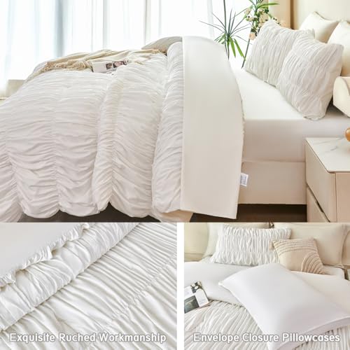 PERFEMET White Bedding Twin Size Set, 5 Pieces Fluffy Ruched Comforter Set, Luxury Soft Boho Chic Ruffled Bed in a Bag with Sheet, All Season Farmhouse Pleated Texture Bed Sets(White, Twin) PERFEMET