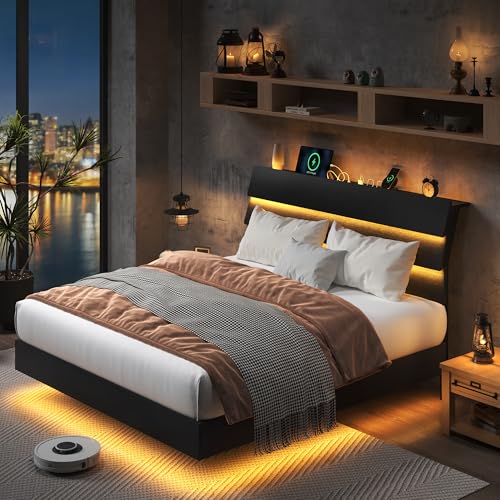 Feonase Floating Bed Frame Queen Size with Led Lights and Charging Station, Wood Queen Bed Frame with Storage Headboard, Heavy Duty Metal Slats, No Box Spring Needed, Easy Assembly, Black Feonase