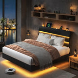 Feonase Floating Bed Frame Queen Size with Led Lights and Charging Station, Wood Queen Bed Frame with Storage Headboard, Heavy Duty Metal Slats, No Box Spring Needed, Easy Assembly, Black Feonase